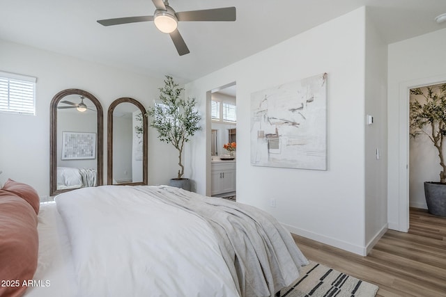 644 N Vine St, Chandler, AZ 85225 - bedroom featuring light wood-style flooring, baseboards, connected bathroom, and ceiling fan
