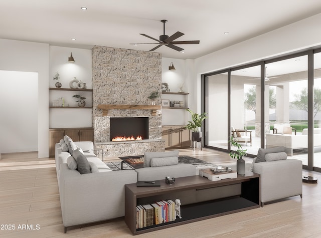 11140 W Prospector Dr, Queen Creek, AZ 85144 - living area with ceiling fan, a fireplace, recessed lighting, wood finished floors, and built in features