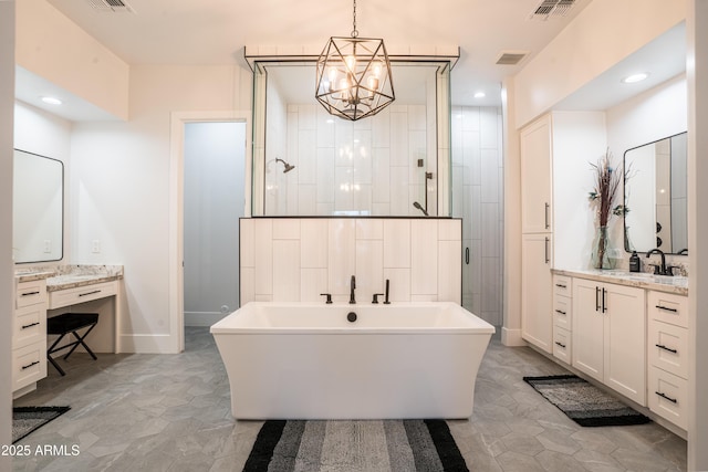 bathroom featuring vanity, a stall shower, a soaking tub, recessed lighting, and visible vents