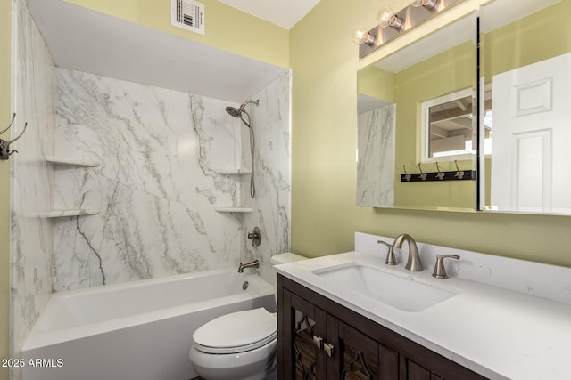 bathroom with vanity, shower / tub combination, toilet, and visible vents