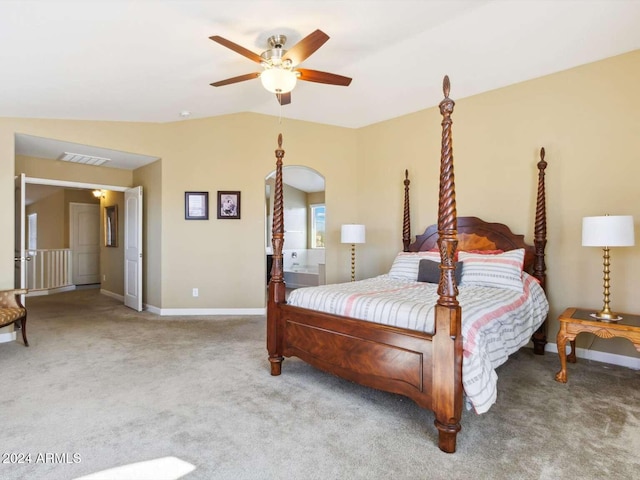 bedroom with lofted ceiling, light carpet, and ceiling fan