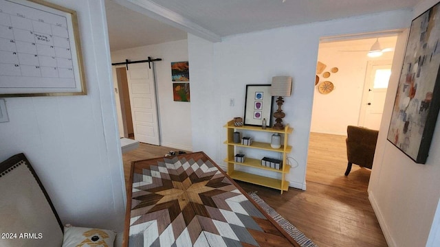 hallway with dark hardwood / wood-style floors and a barn door