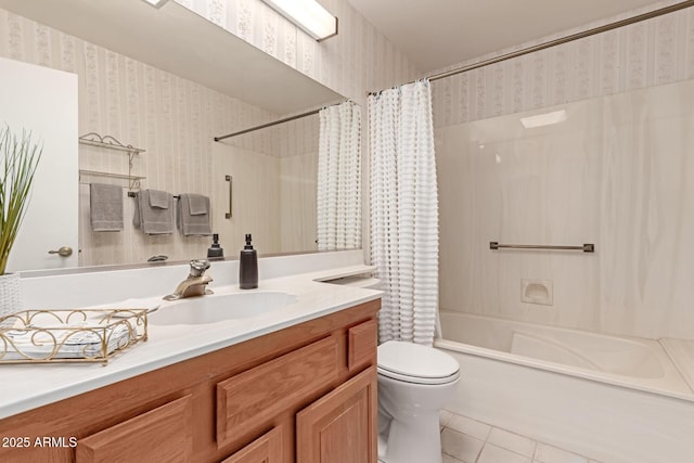 full bathroom with vanity, tile patterned floors, shower / bath combination with curtain, and toilet