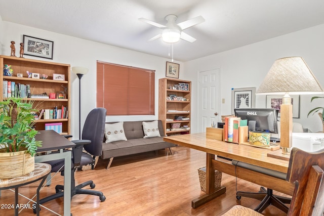 office with light hardwood / wood-style flooring and ceiling fan