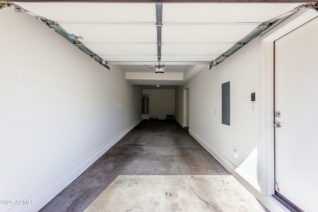 garage with electric panel, gas water heater, and a garage door opener