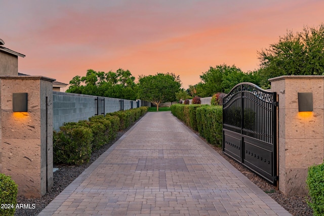 gate at dusk featuring fence