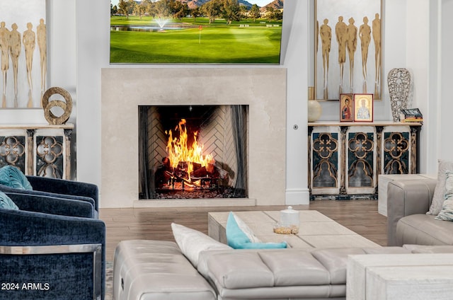 living room featuring wood finished floors and a high end fireplace