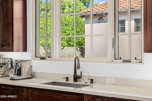 interior space with dark brown cabinets, a wealth of natural light, a sink, and light countertops