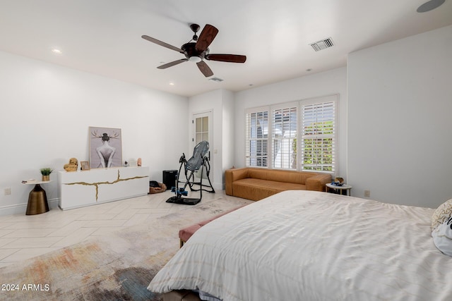 tiled bedroom with a ceiling fan, recessed lighting, visible vents, and baseboards