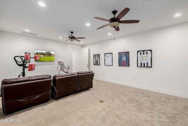 home theater room with visible vents, baseboards, ceiling fan, carpet floors, and recessed lighting