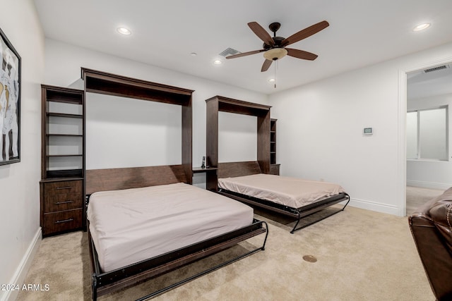 bedroom featuring recessed lighting, light carpet, visible vents, and baseboards