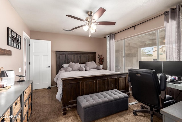 bedroom featuring carpet floors, ceiling fan, and visible vents