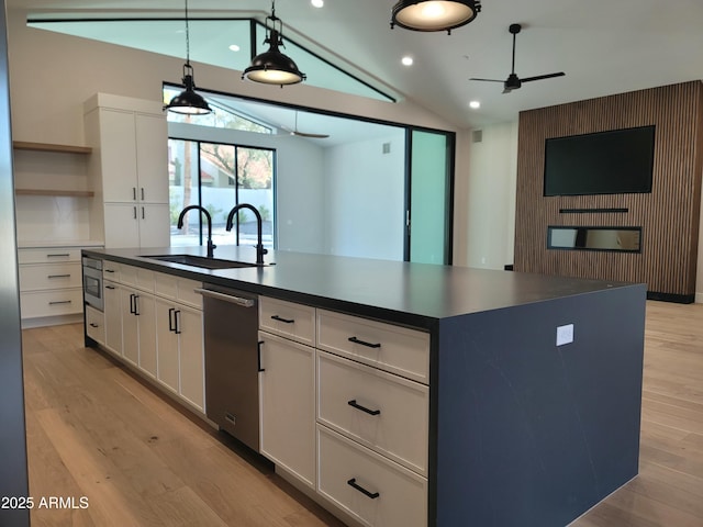 7724 E Charter Oak Rd, Scottsdale, AZ 85260 - kitchen featuring ceiling fan, stainless steel dishwasher, open shelves, dark countertops, and vaulted ceiling
