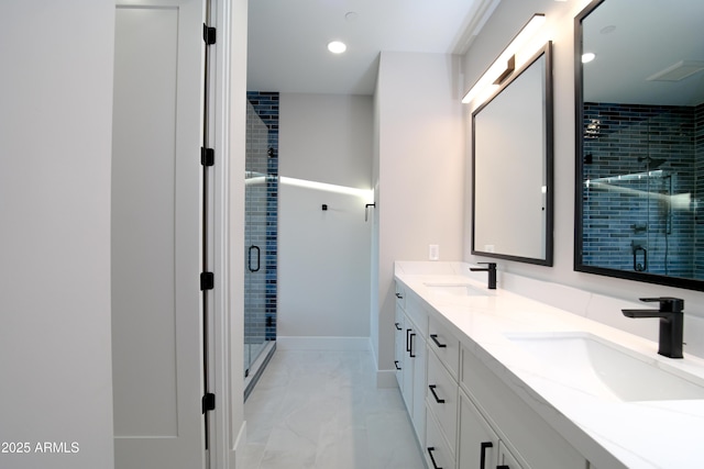 7724 E Charter Oak Rd, Scottsdale, AZ 85260 - full bathroom featuring double vanity, a shower stall, and recessed lighting