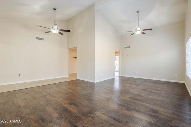 unfurnished living room featuring beam ceiling, high vaulted ceiling, dark hardwood / wood-style floors, and ceiling fan