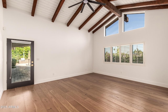 8005 N Via De Lago, Scottsdale, AZ 85258 - unfurnished room featuring a ceiling fan, high vaulted ceiling, hardwood / wood-style flooring, beam ceiling, and baseboards