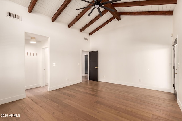 8005 N Via De Lago, Scottsdale, AZ 85258 - empty room with a ceiling fan, high vaulted ceiling, beamed ceiling, wood finished floors, and baseboards