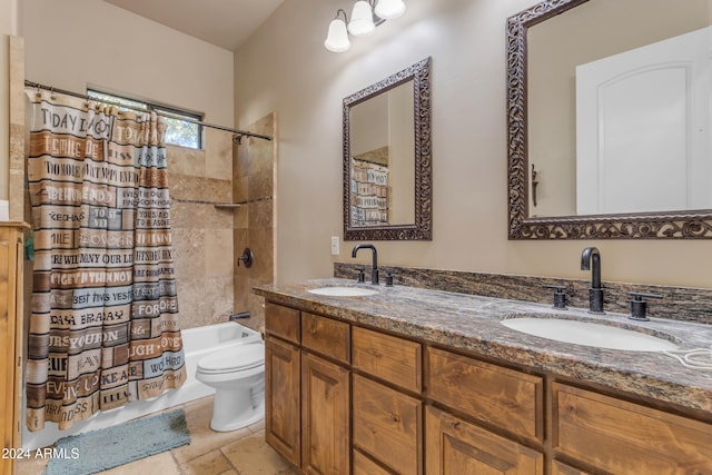 full bathroom featuring toilet, vanity, and shower / tub combo with curtain