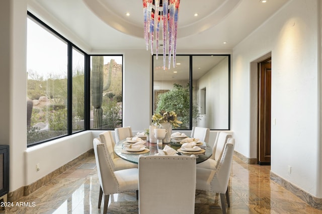 dining room with a raised ceiling