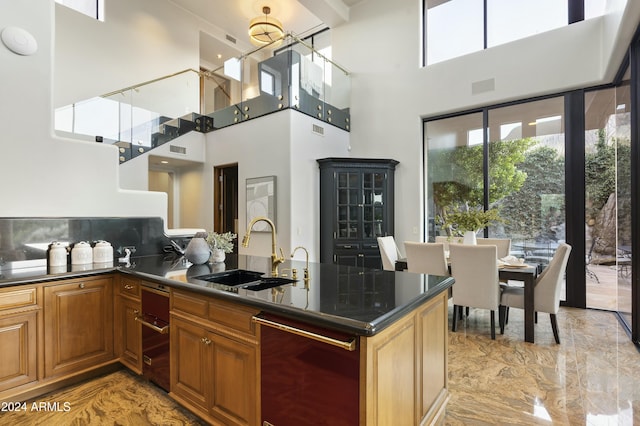 kitchen with plenty of natural light, sink, and a high ceiling