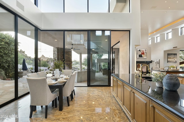 interior space featuring ceiling fan, plenty of natural light, and a high ceiling