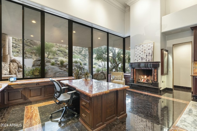 office space with a towering ceiling and ornamental molding