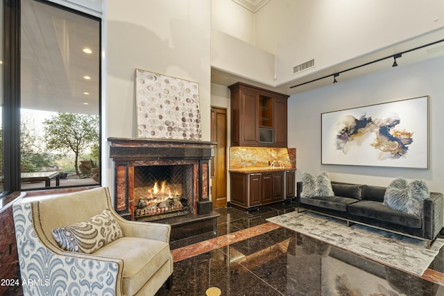 living room featuring a towering ceiling