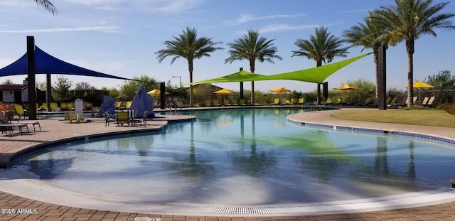 community pool with fence and a patio