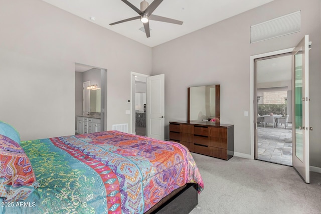 bedroom with light carpet, a ceiling fan, visible vents, baseboards, and french doors