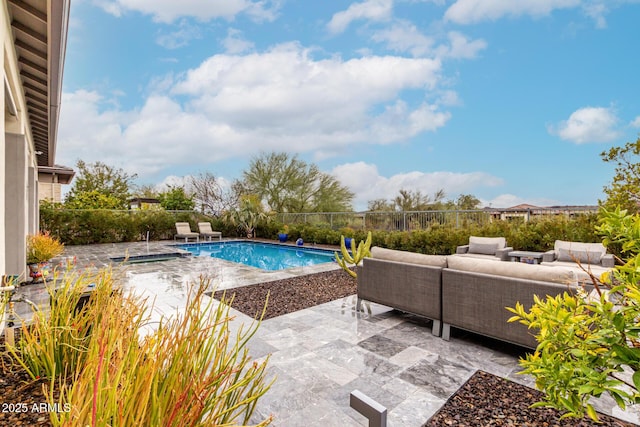 view of swimming pool with a patio area, a fenced backyard, an outdoor hangout area, and a fenced in pool