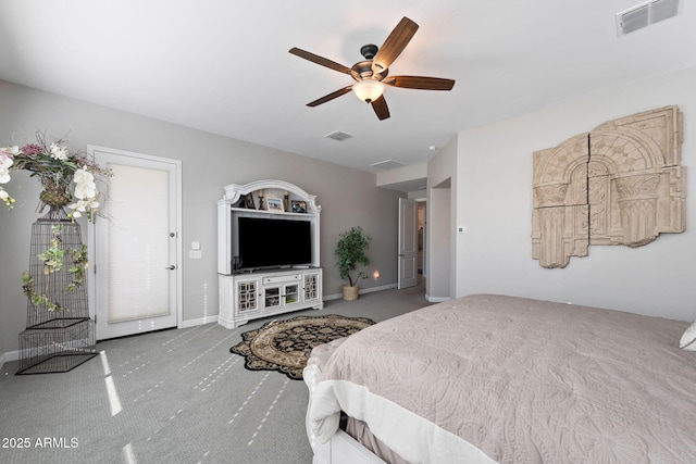 bedroom featuring carpet, visible vents, ceiling fan, and baseboards