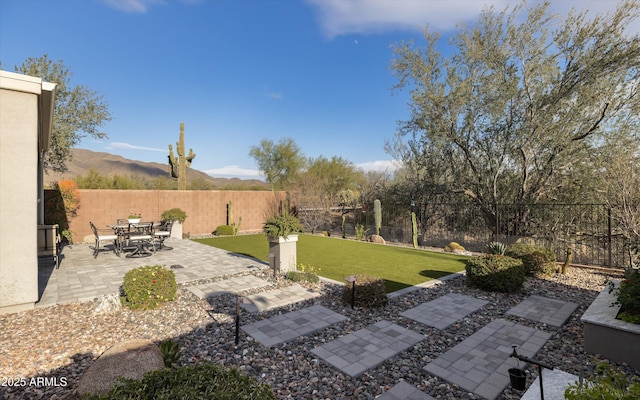 view of yard featuring a mountain view and a patio