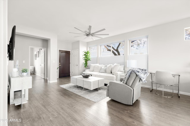 living room featuring ceiling fan and hardwood / wood-style flooring