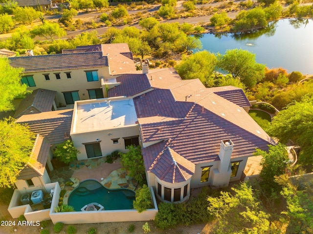 drone / aerial view featuring a water view