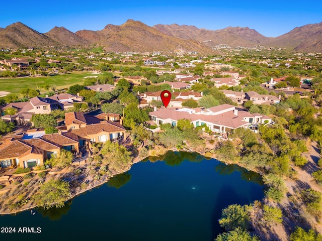 bird's eye view featuring a water and mountain view