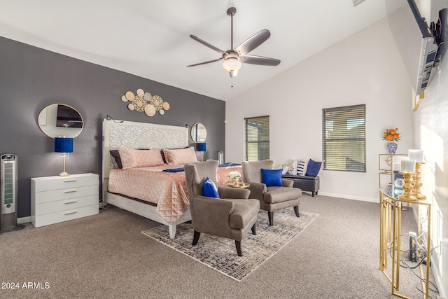 bedroom featuring ceiling fan, carpet flooring, and high vaulted ceiling