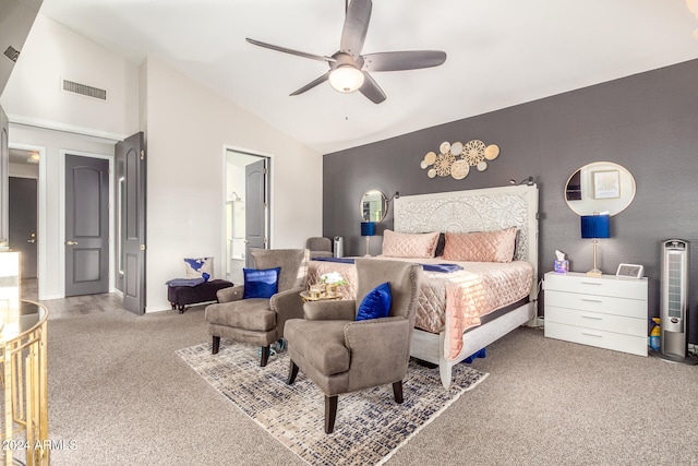 carpeted bedroom featuring ceiling fan and vaulted ceiling