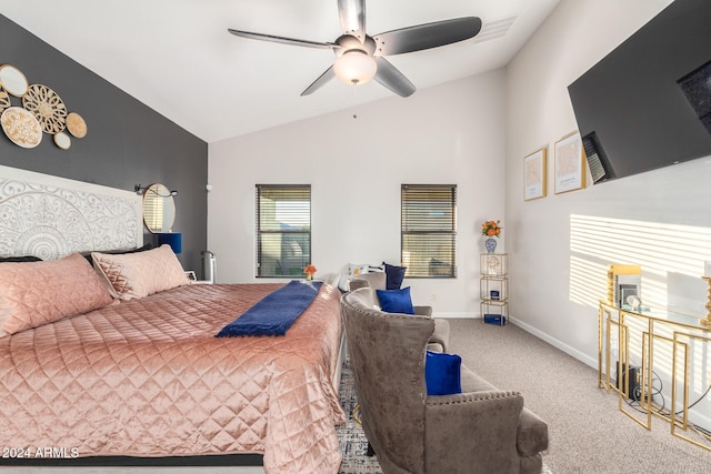 carpeted bedroom featuring ceiling fan and lofted ceiling