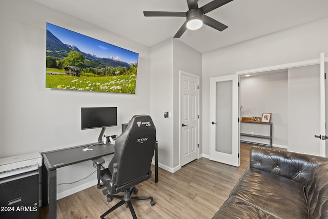 office featuring ceiling fan and hardwood / wood-style flooring