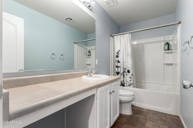 full bathroom featuring visible vents, toilet, vanity, and shower / bath combo with shower curtain