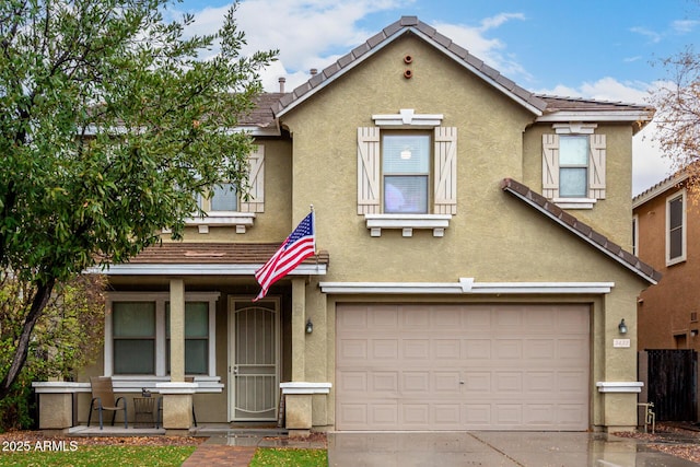 view of property with a porch, stucco siding, concrete driveway, a garage, and a tiled roof