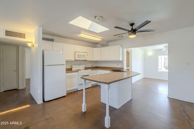 7737 W Medlock Dr, Glendale, AZ 85303 - kitchen with visible vents, a sink, finished concrete flooring, white appliances, and a peninsula