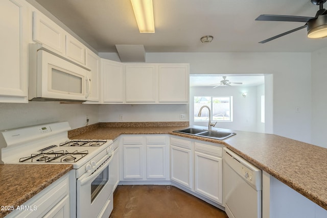 7737 W Medlock Dr, Glendale, AZ 85303 - kitchen with a ceiling fan, a sink, white cabinetry, white appliances, and concrete floors