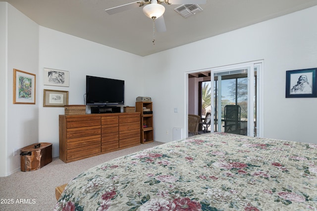 bedroom featuring a ceiling fan, carpet flooring, visible vents, and access to exterior