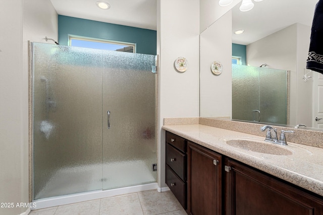 bathroom featuring tile patterned flooring, vanity, and a stall shower