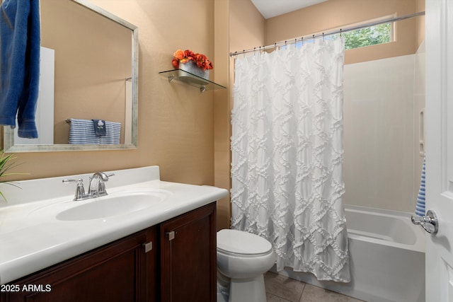 bathroom with tile patterned flooring, shower / tub combo with curtain, toilet, and vanity