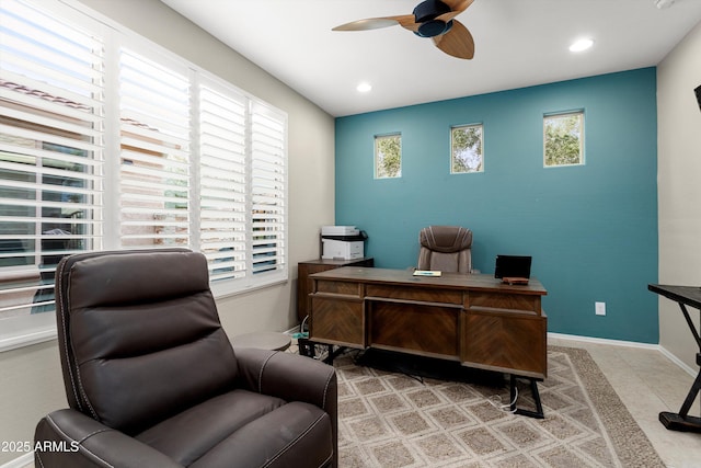 office with tile patterned flooring, recessed lighting, a ceiling fan, and baseboards