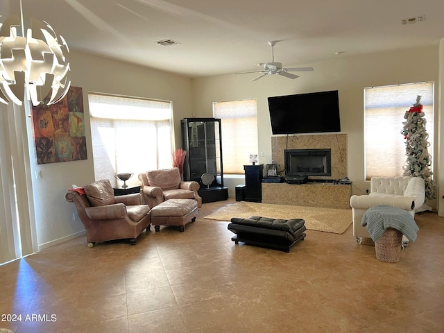 living room featuring ceiling fan