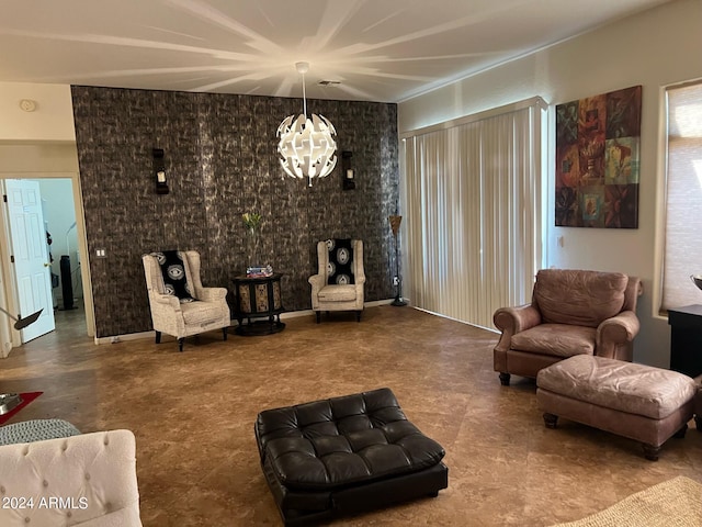 living room featuring a notable chandelier