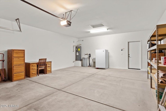 garage featuring a garage door opener, electric water heater, and white refrigerator